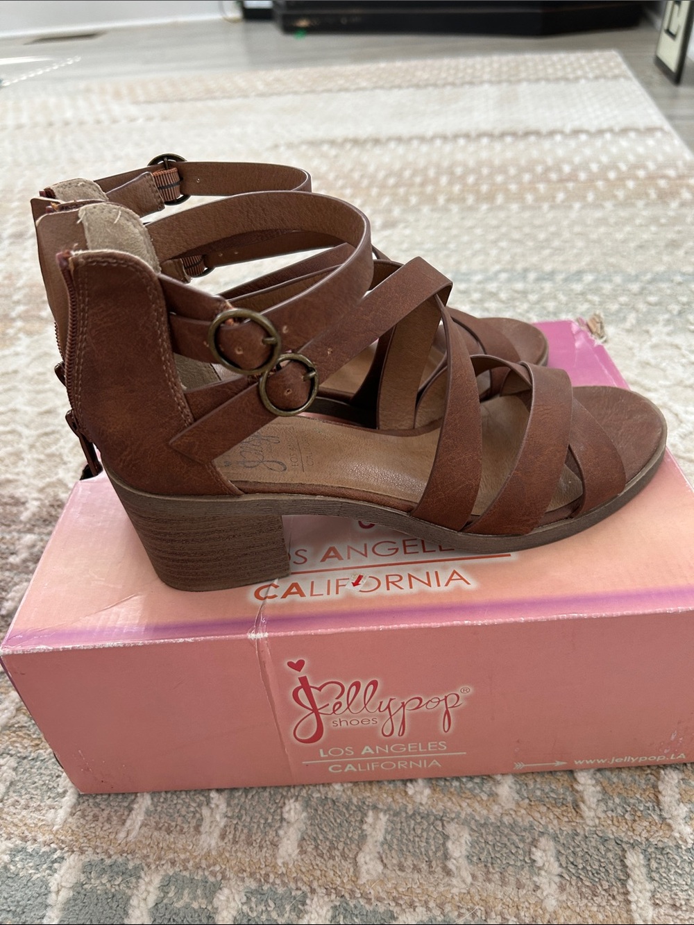 Jellypop Brown Multi-Strap Block Heel Sandals